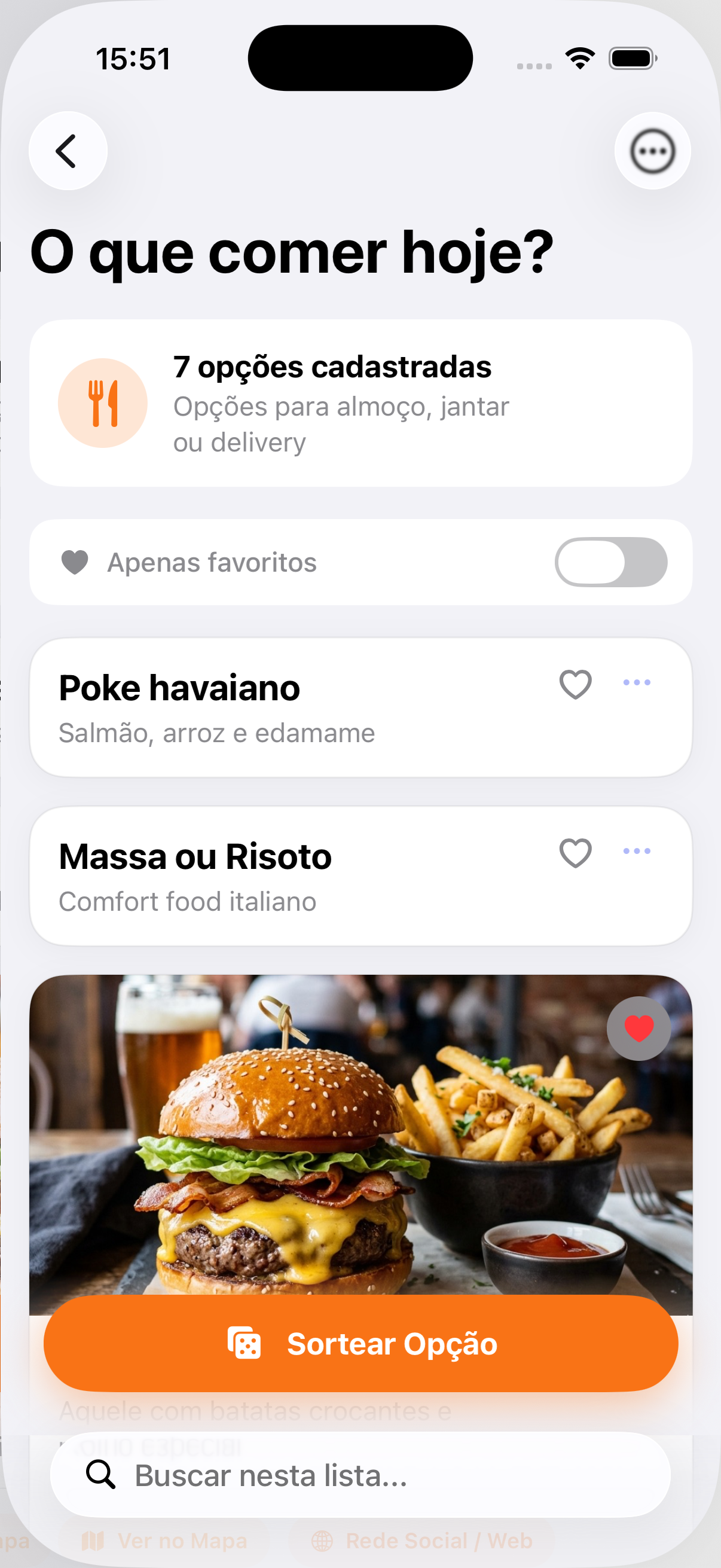 Exemplo de card de item no OraGuide com foto e botões de mapa e web